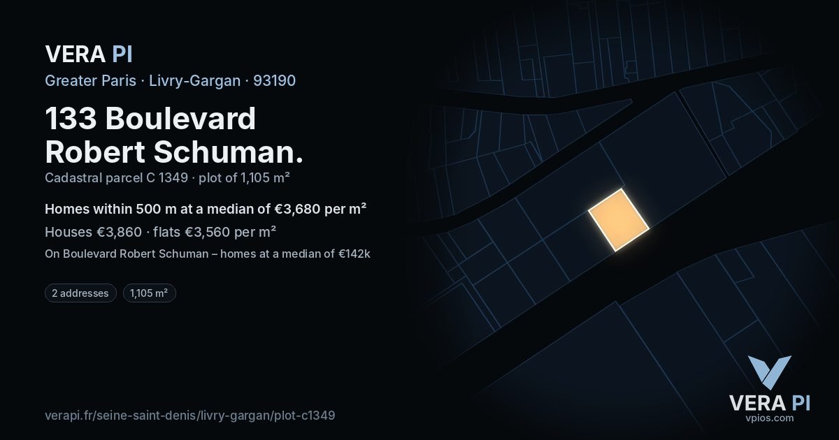 133 Boulevard Robert Schuman, Livry-Gargan at night – the plot lit, the parcels around coloured by the prices near them