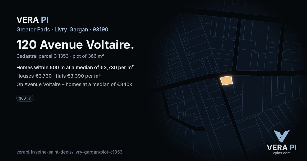 120 Avenue Voltaire, Livry-Gargan at night – the plot lit, the parcels around coloured by the prices near them
