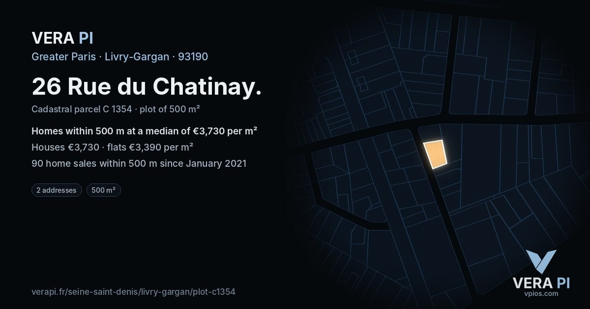 26 Rue du Chatinay, Livry-Gargan at night – the plot lit, the parcels around coloured by the prices near them