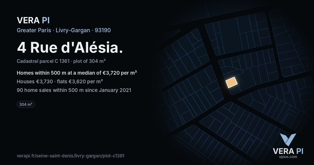4 Rue d'Alésia, Livry-Gargan at night – the plot lit, the parcels around coloured by the prices near them