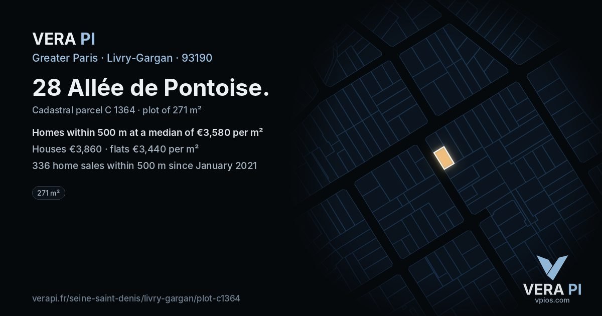 28 Allée de Pontoise, Livry-Gargan at night – the plot lit, the parcels around coloured by the prices near them