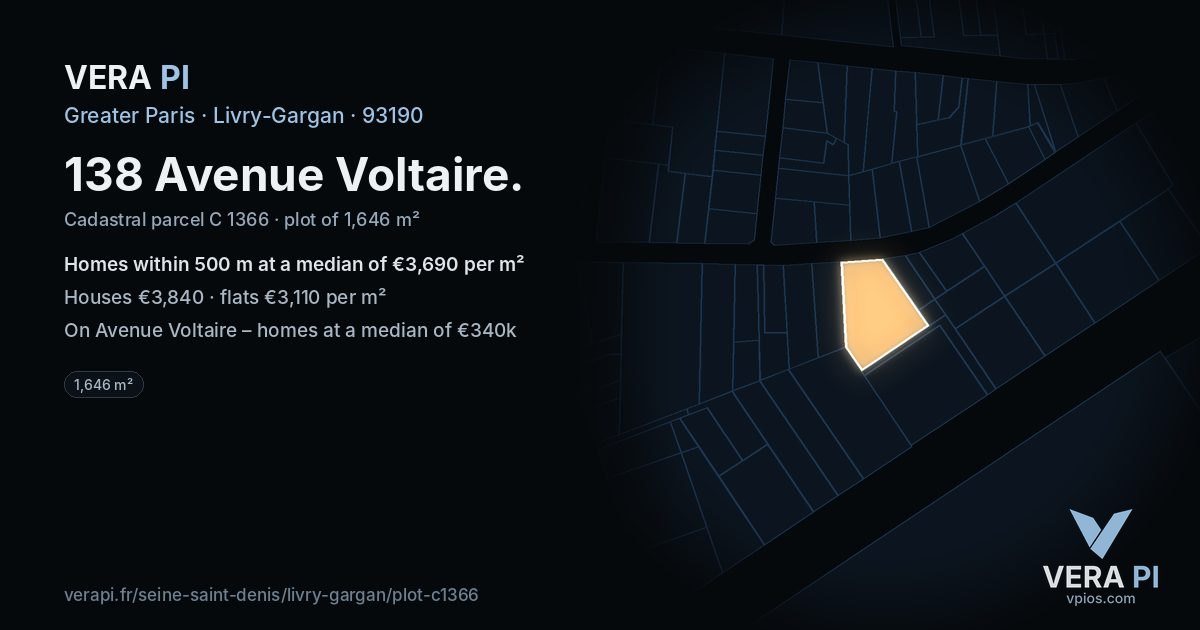 138 Avenue Voltaire, Livry-Gargan at night – the plot lit, the parcels around coloured by the prices near them