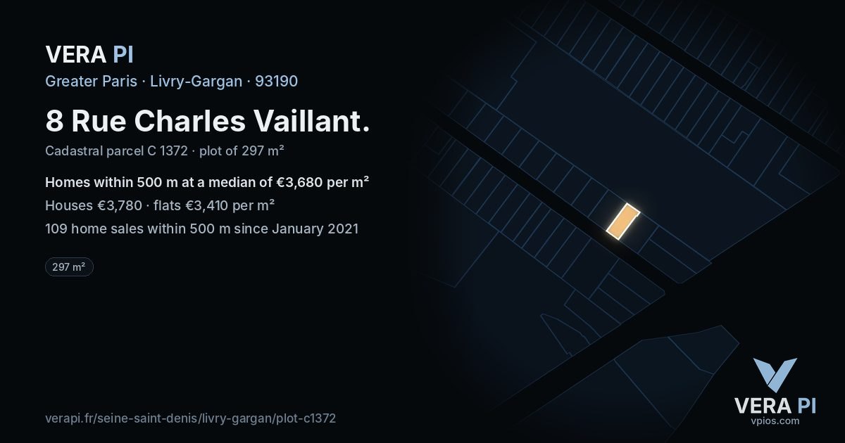 8 Rue Charles Vaillant, Livry-Gargan at night – the plot lit, the parcels around coloured by the prices near them
