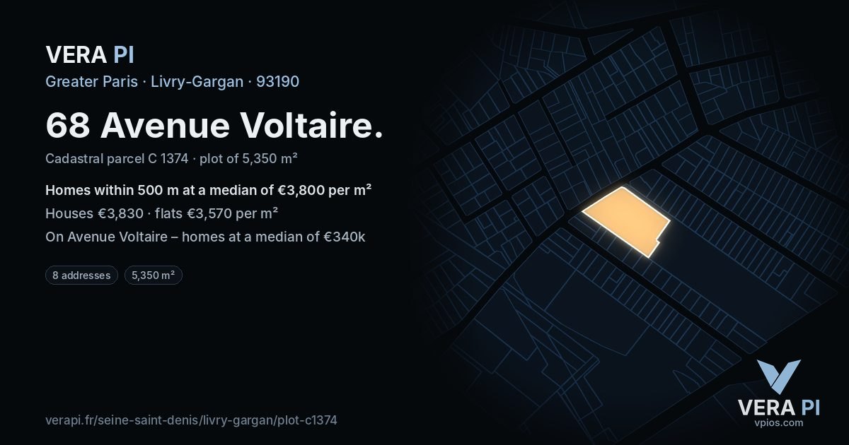 68 Avenue Voltaire, Livry-Gargan at night – the plot lit, the parcels around coloured by the prices near them