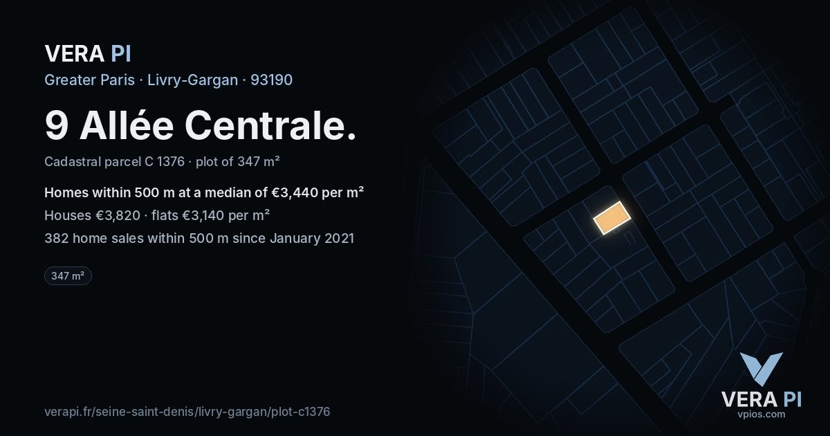9 Allée Centrale, Livry-Gargan at night – the plot lit, the parcels around coloured by the prices near them