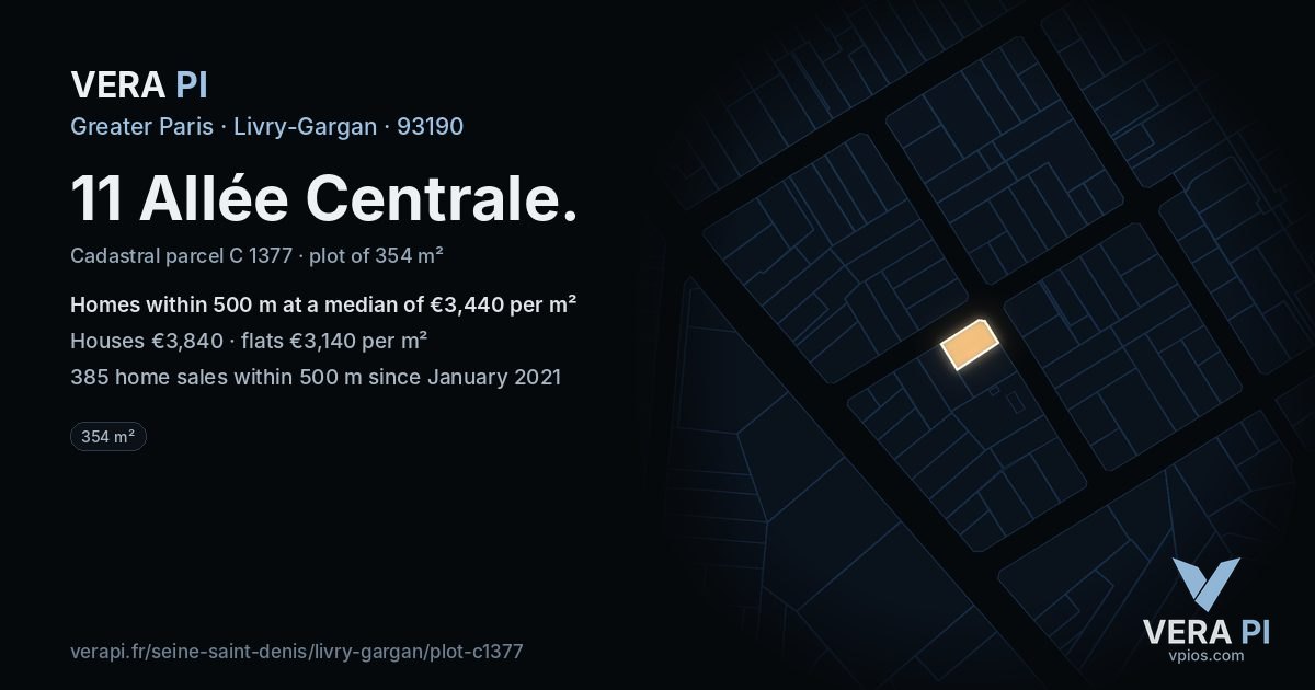 11 Allée Centrale, Livry-Gargan at night – the plot lit, the parcels around coloured by the prices near them