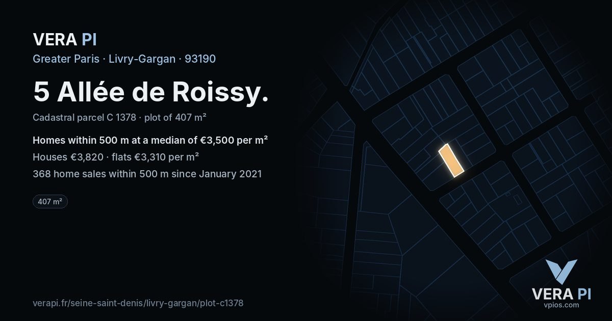 5 Allée de Roissy, Livry-Gargan at night – the plot lit, the parcels around coloured by the prices near them