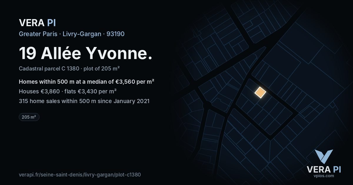 19 Allée Yvonne, Livry-Gargan at night – the plot lit, the parcels around coloured by the prices near them