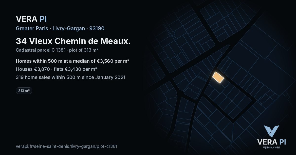 34 Vieux Chemin de Meaux, Livry-Gargan at night – the plot lit, the parcels around coloured by the prices near them