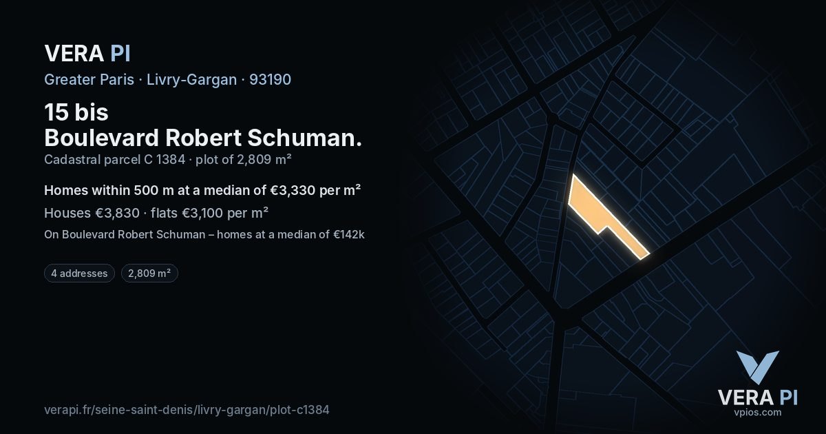 15 bis Boulevard Robert Schuman, Livry-Gargan at night – the plot lit, the parcels around coloured by the prices near them