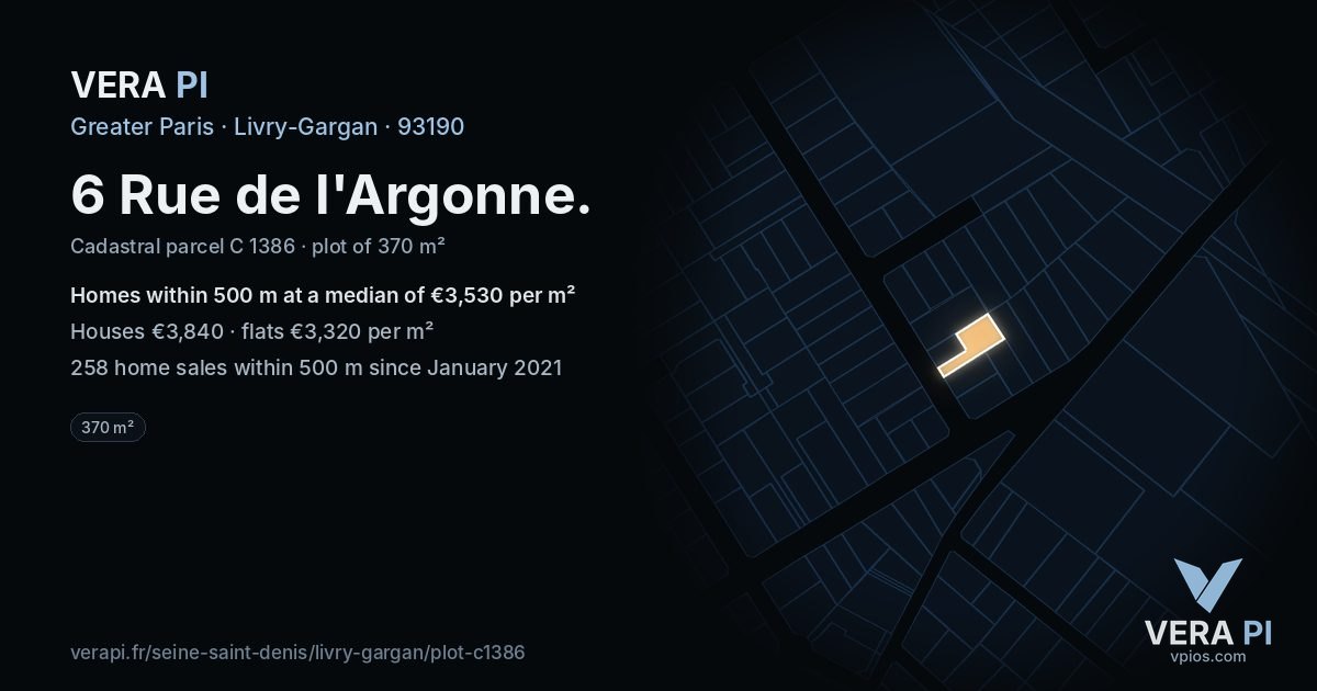 6 Rue de l'Argonne, Livry-Gargan at night – the plot lit, the parcels around coloured by the prices near them