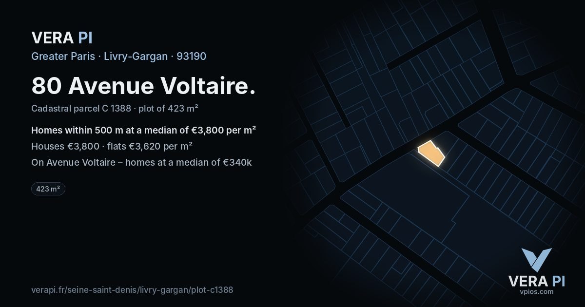 80 Avenue Voltaire, Livry-Gargan at night – the plot lit, the parcels around coloured by the prices near them