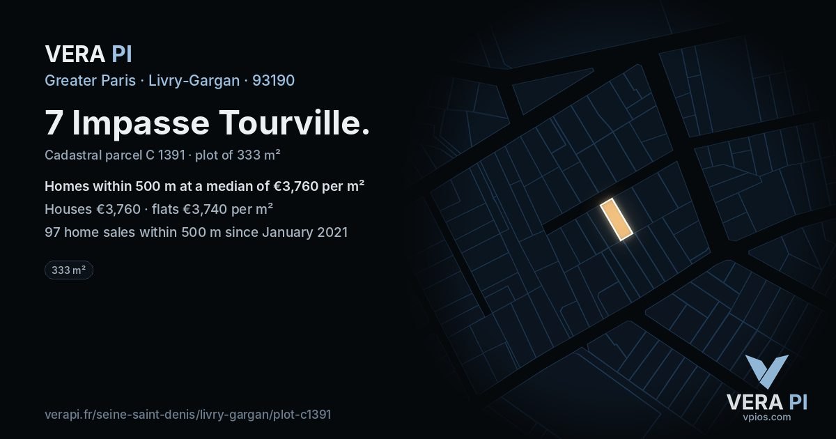 7 Impasse Tourville, Livry-Gargan at night – the plot lit, the parcels around coloured by the prices near them