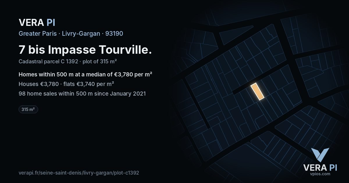 7 bis Impasse Tourville, Livry-Gargan at night – the plot lit, the parcels around coloured by the prices near them