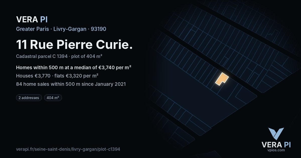11 Rue Pierre Curie, Livry-Gargan at night – the plot lit, the parcels around coloured by the prices near them