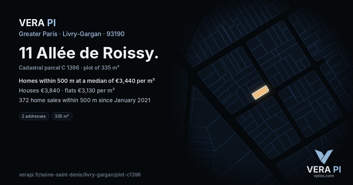 11 Allée de Roissy, Livry-Gargan at night – the plot lit, the parcels around coloured by the prices near them