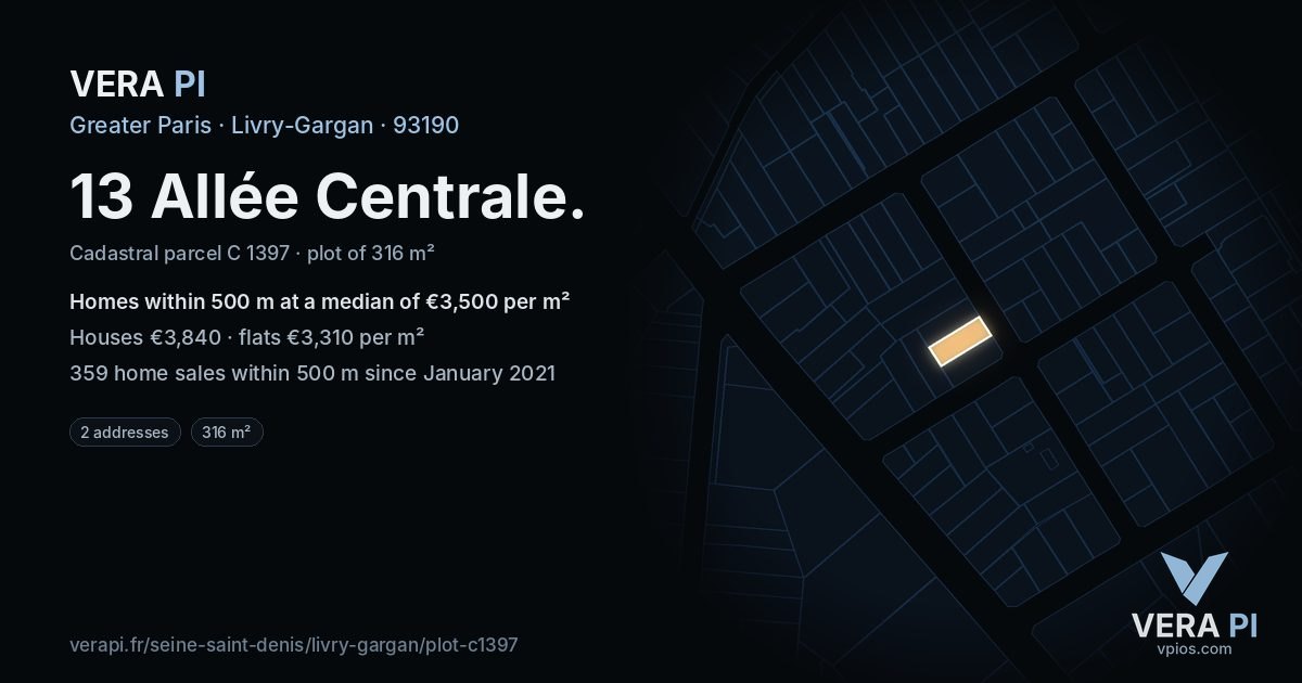 13 Allée Centrale, Livry-Gargan at night – the plot lit, the parcels around coloured by the prices near them