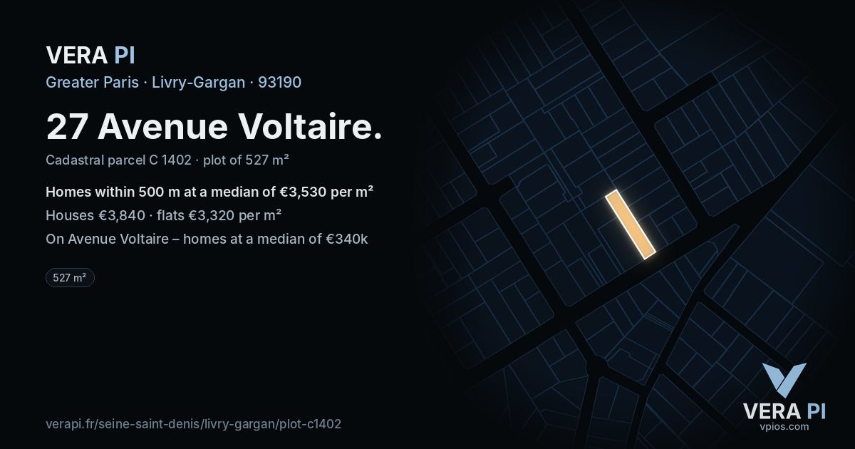 27 Avenue Voltaire, Livry-Gargan at night – the plot lit, the parcels around coloured by the prices near them
