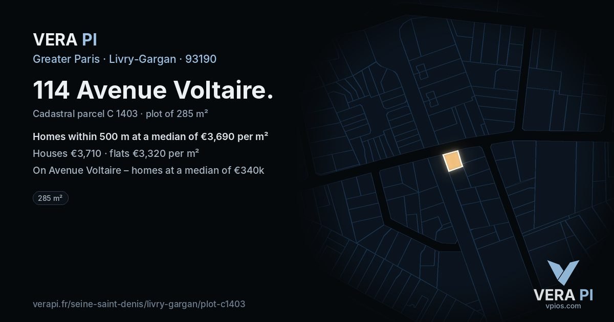 114 Avenue Voltaire, Livry-Gargan at night – the plot lit, the parcels around coloured by the prices near them