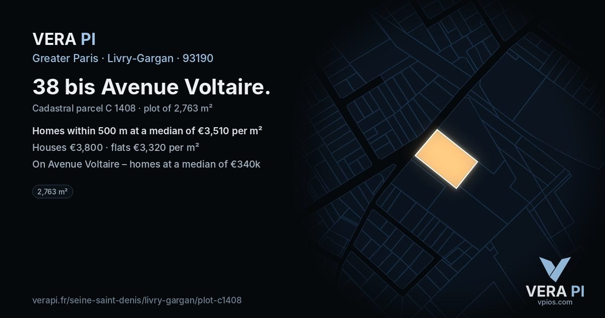 38 bis Avenue Voltaire, Livry-Gargan at night – the plot lit, the parcels around coloured by the prices near them