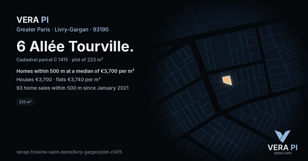 6 Allée Tourville, Livry-Gargan at night – the plot lit, the parcels around coloured by the prices near them