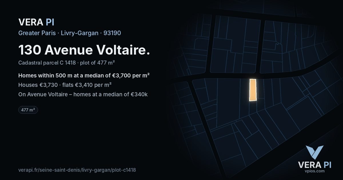 130 Avenue Voltaire, Livry-Gargan at night – the plot lit, the parcels around coloured by the prices near them