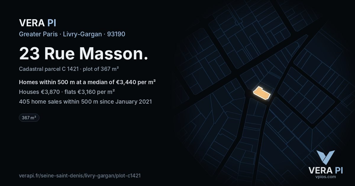 23 Rue Masson, Livry-Gargan at night – the plot lit, the parcels around coloured by the prices near them