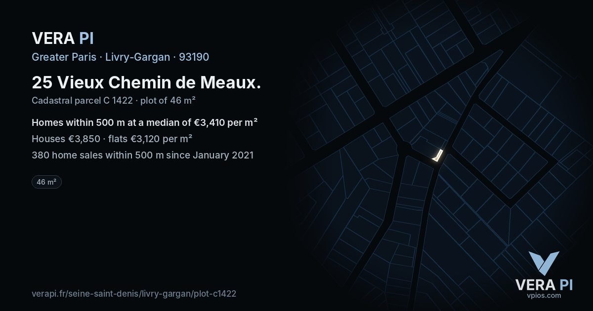 25 Vieux Chemin de Meaux, Livry-Gargan at night – the plot lit, the parcels around coloured by the prices near them