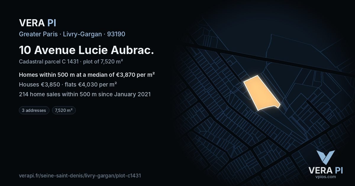 10 Avenue Lucie Aubrac, Livry-Gargan at night – the plot lit, the parcels around coloured by the prices near them