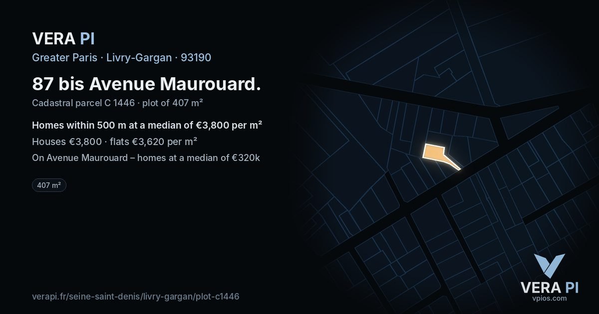 87 bis Avenue Maurouard, Livry-Gargan at night – the plot lit, the parcels around coloured by the prices near them
