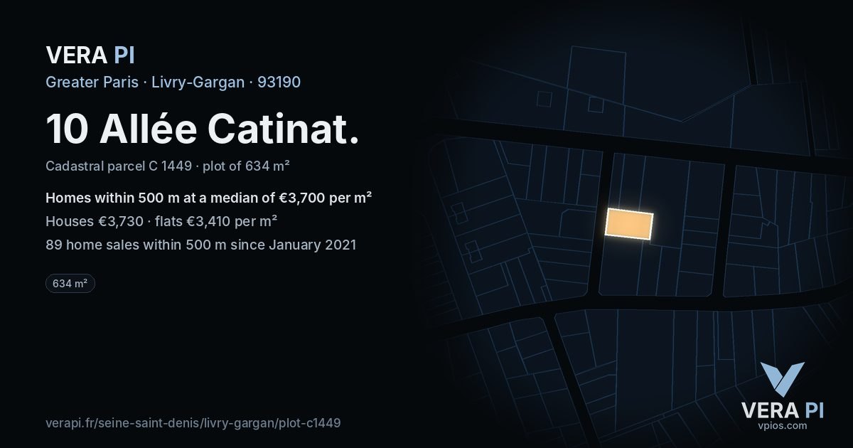 10 Allée Catinat, Livry-Gargan at night – the plot lit, the parcels around coloured by the prices near them