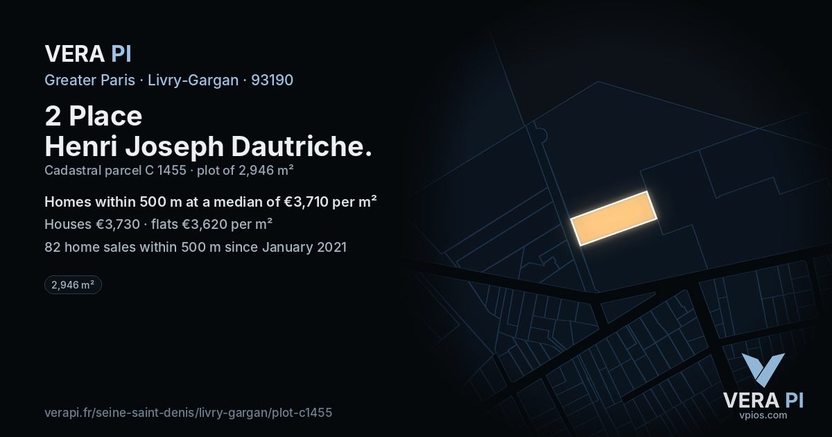 2 Place Henri Joseph Dautriche, Livry-Gargan at night – the plot lit, the parcels around coloured by the prices near them
