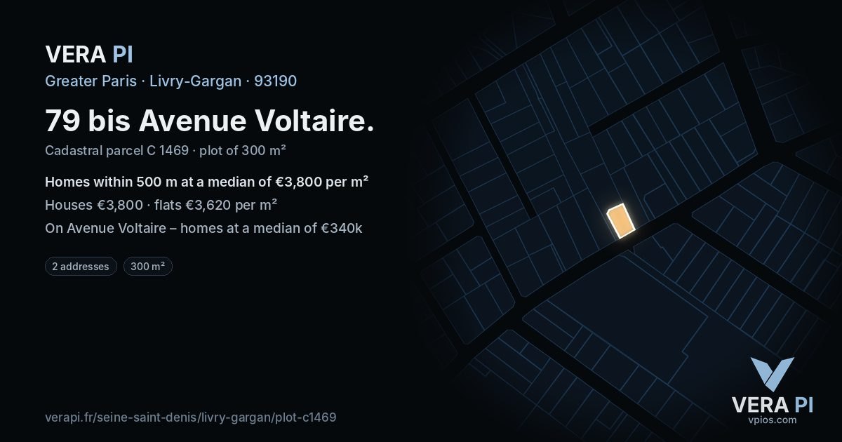 79 bis Avenue Voltaire, Livry-Gargan at night – the plot lit, the parcels around coloured by the prices near them