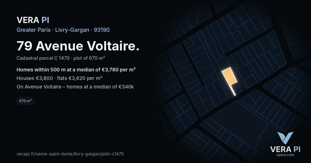 79 Avenue Voltaire, Livry-Gargan at night – the plot lit, the parcels around coloured by the prices near them