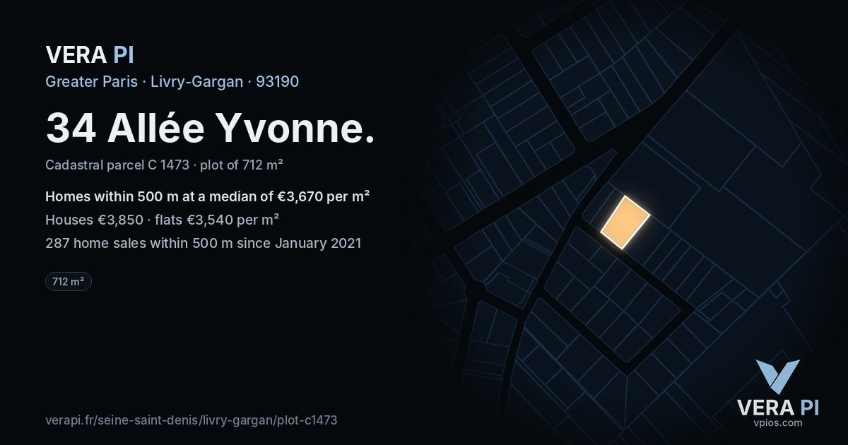 34 Allée Yvonne, Livry-Gargan at night – the plot lit, the parcels around coloured by the prices near them