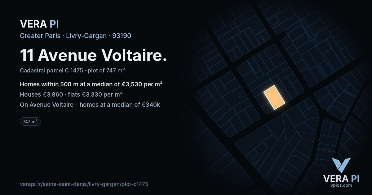 11 Avenue Voltaire, Livry-Gargan at night – the plot lit, the parcels around coloured by the prices near them