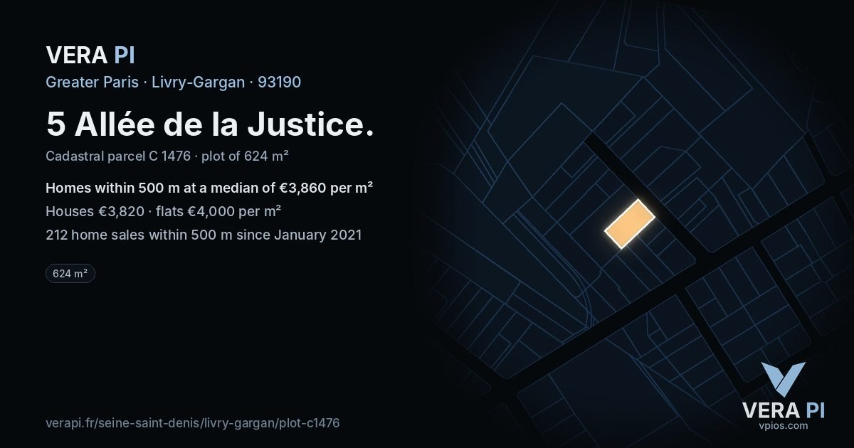 5 Allée de la Justice, Livry-Gargan at night – the plot lit, the parcels around coloured by the prices near them