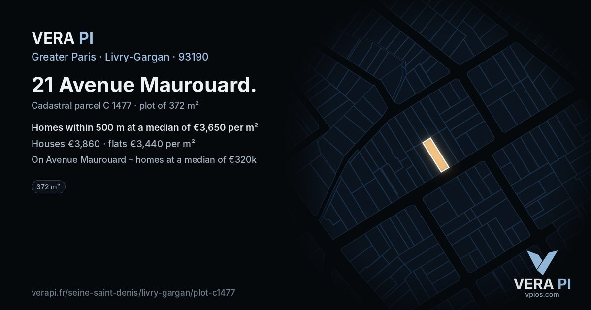 21 Avenue Maurouard, Livry-Gargan at night – the plot lit, the parcels around coloured by the prices near them