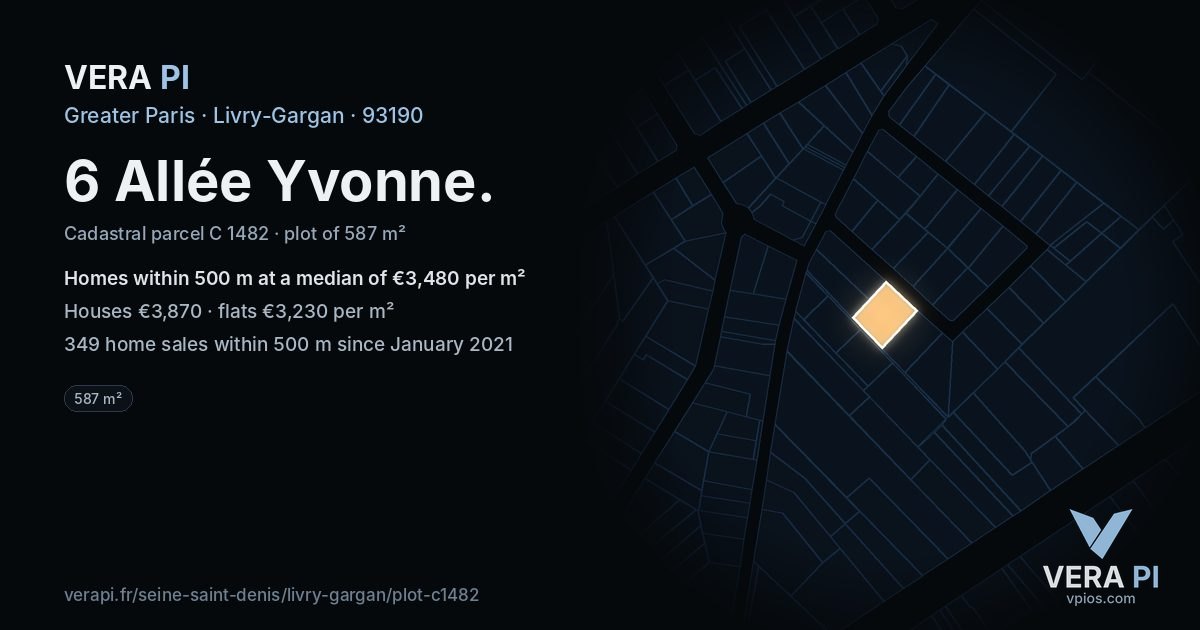6 Allée Yvonne, Livry-Gargan at night – the plot lit, the parcels around coloured by the prices near them