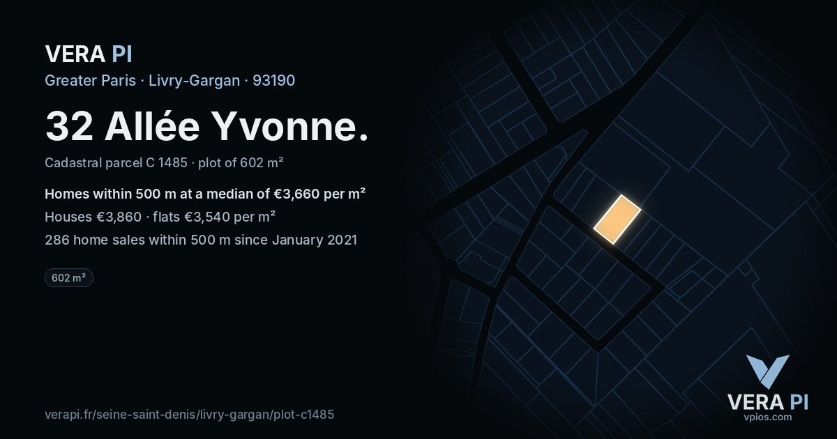 32 Allée Yvonne, Livry-Gargan at night – the plot lit, the parcels around coloured by the prices near them