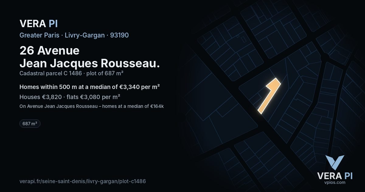 26 Avenue Jean Jacques Rousseau, Livry-Gargan at night – the plot lit, the parcels around coloured by the prices near them