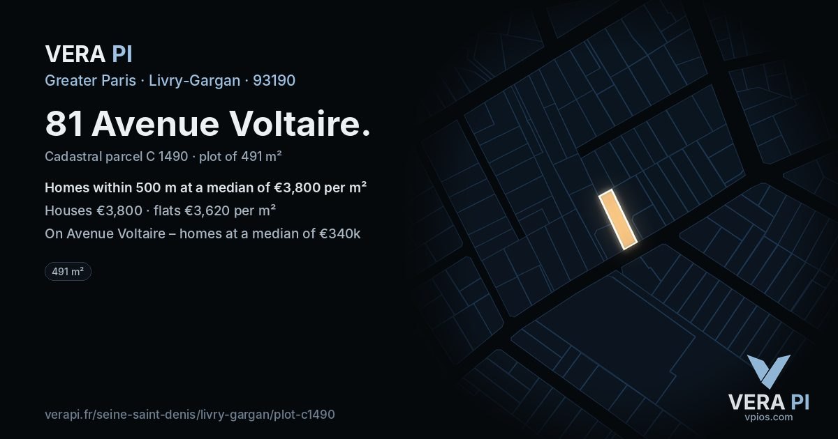 81 Avenue Voltaire, Livry-Gargan at night – the plot lit, the parcels around coloured by the prices near them