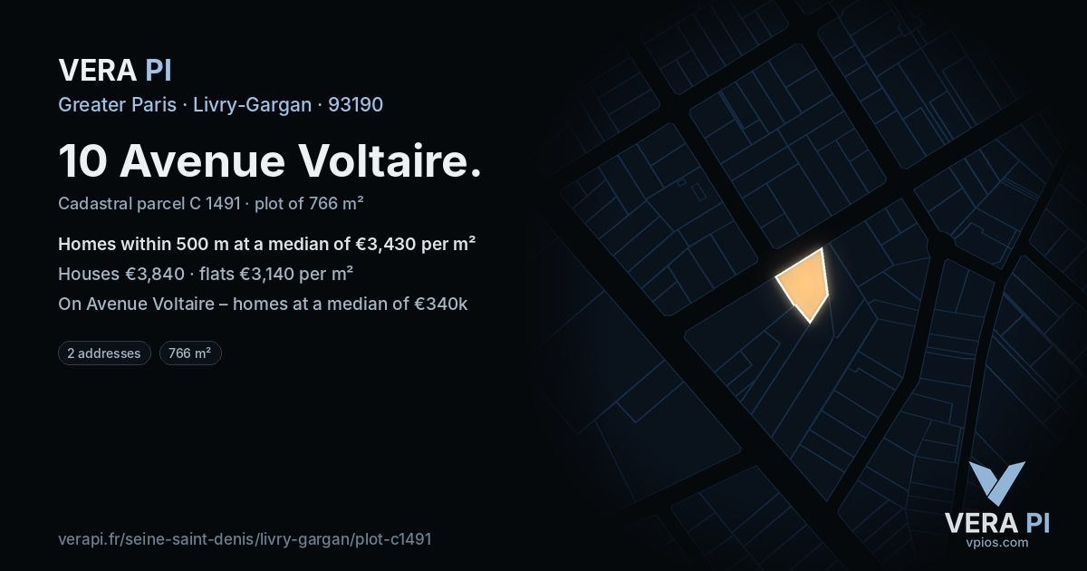 10 Avenue Voltaire, Livry-Gargan at night – the plot lit, the parcels around coloured by the prices near them