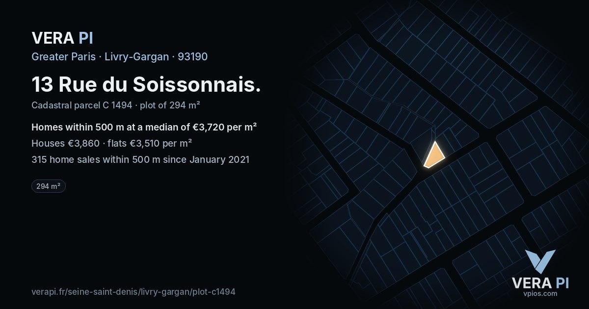 13 Rue du Soissonnais, Livry-Gargan at night – the plot lit, the parcels around coloured by the prices near them