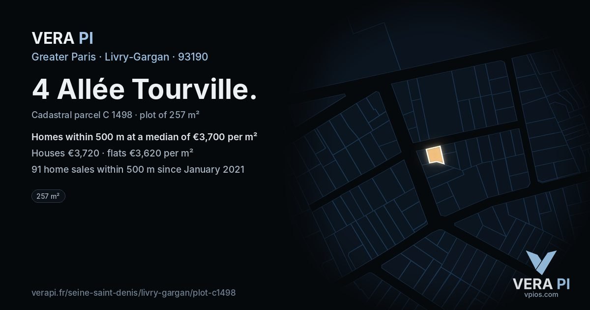 4 Allée Tourville, Livry-Gargan at night – the plot lit, the parcels around coloured by the prices near them