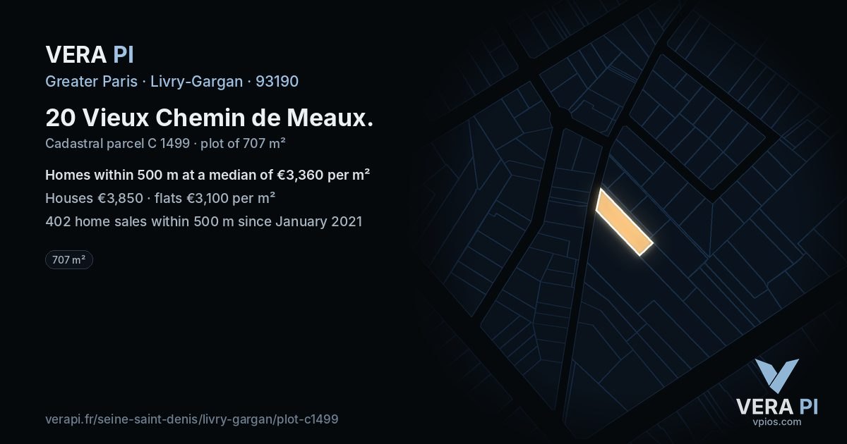 20 Vieux Chemin de Meaux, Livry-Gargan at night – the plot lit, the parcels around coloured by the prices near them