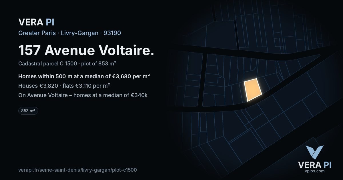 157 Avenue Voltaire, Livry-Gargan at night – the plot lit, the parcels around coloured by the prices near them