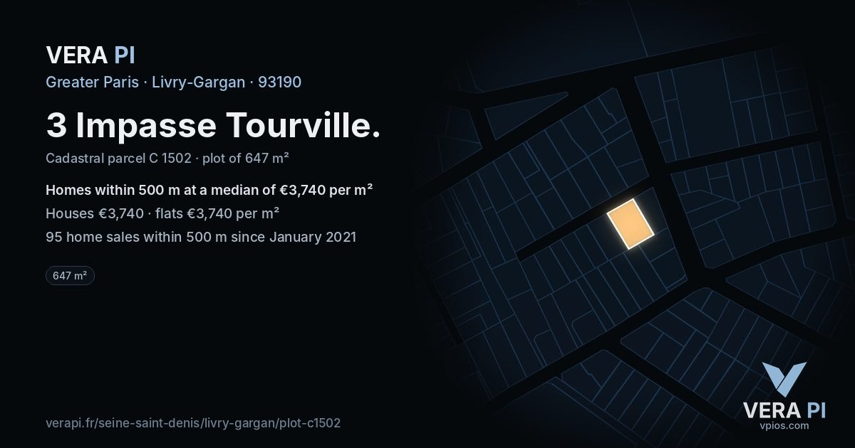 3 Impasse Tourville, Livry-Gargan at night – the plot lit, the parcels around coloured by the prices near them