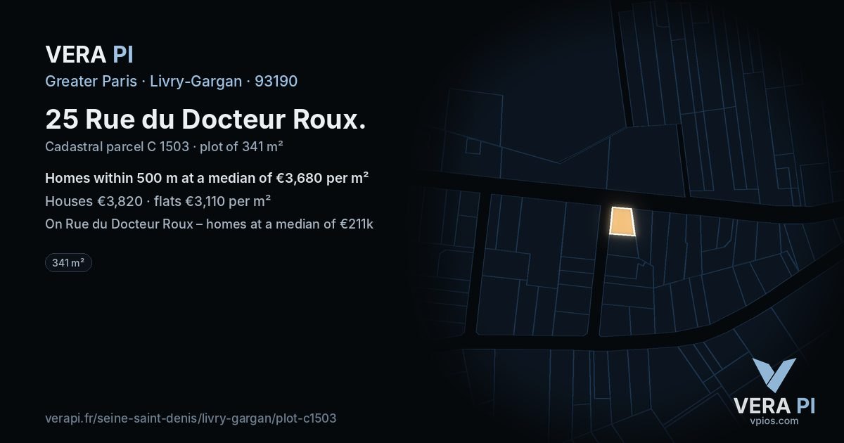 25 Rue du Docteur Roux, Livry-Gargan at night – the plot lit, the parcels around coloured by the prices near them