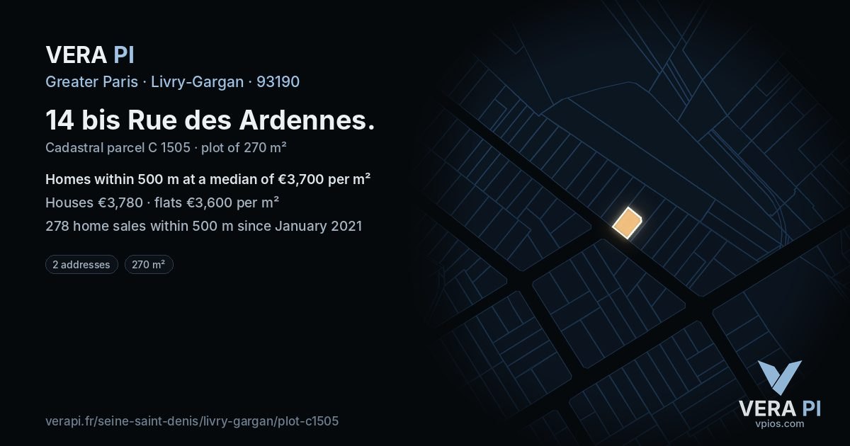 14 bis Rue des Ardennes, Livry-Gargan at night – the plot lit, the parcels around coloured by the prices near them
